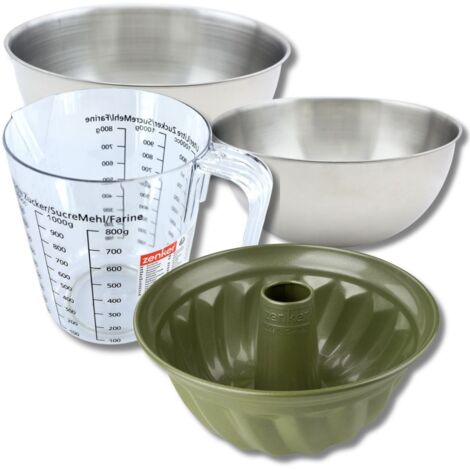 Set pâtisserie avec moule à kouglof 25 cm revêtu cire de carnauba, 2 bols à mixer, verre mesureur et spatule Zenker