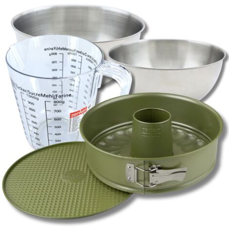 Set pâtisserie avec moule à manqué et savarin 26 cm revêtement cire de carnauba, 2 bols à mixer, verre mesureur et spatule Zenker