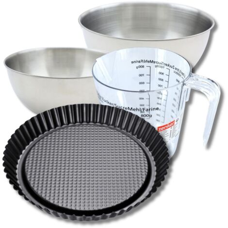 Set pâtisserie avec moule à tarte renversée 28 cm, 2 bols à mixer, verre mesureur et spatule Zenker