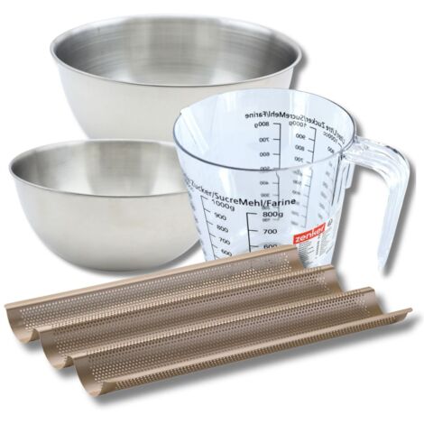 Set pâtisserie avec moule perforé 3 baguettes 38,5 x 24,6 cm en acier, 2 bols à mixer, verre mesureur et spatule Zenker