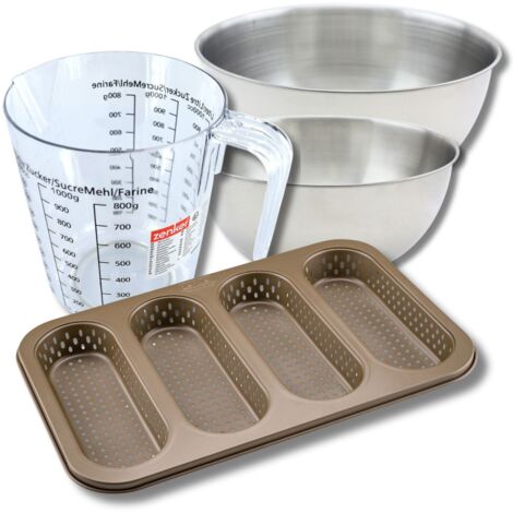 Set pâtisserie avec moule perforé 4 mini baguettes 33 x 22 cm en acier, 2 bols à mixer, verre mesureur et spatule Zenker