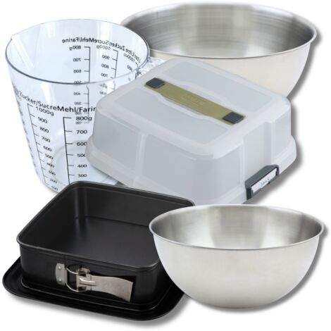 Set pâtisserie moule à charnière carré 23 cm avec couvercle, 2 bols à mixer, verre mesureur et spatule Zenker