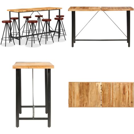 Set per Bar 9 pz in Legno Massello di Acacia e Vera Pelle - Sgabelli da bar in pelle - Set da bar industriale