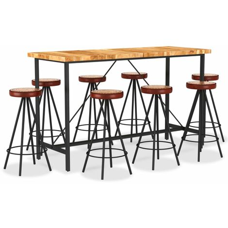 Set per Bar 9 pz in Legno Massello di Acacia Vera Pelle e Tela vidaXL