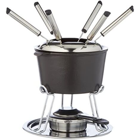 set per fonduta di carne kela 11 pezzi, fonduta in ghisa per 6 persone COMORE, set per fonduta con porta pasta combustibile, forchette, porta forchette