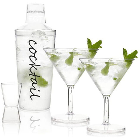 Set per preparare Cocktail da 4 Pezzi con Shaker 2 Bicchieri e Un misurino  per Mojito in plastica Barman Fai da Te Locali Discoteca