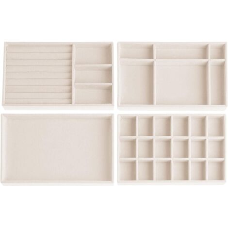 Set per riporre gioielli da 4 pezzi: cassetto, vassoio, scatola, organizer in velluto, impilabile, per gioielli, orecchini, bracciali, anelli (Beige)