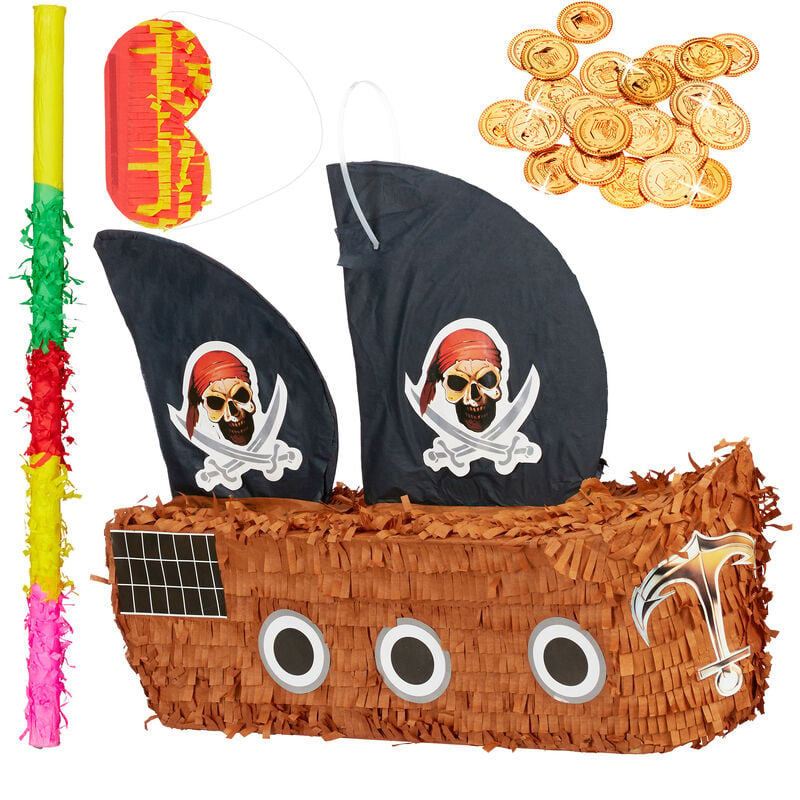 Relaxdays - 4-piece Set Pinata Pirate Ship, incl. Stick, Eye Mask & Golden Coins, to Fill with Candies, Hanging, Colourful