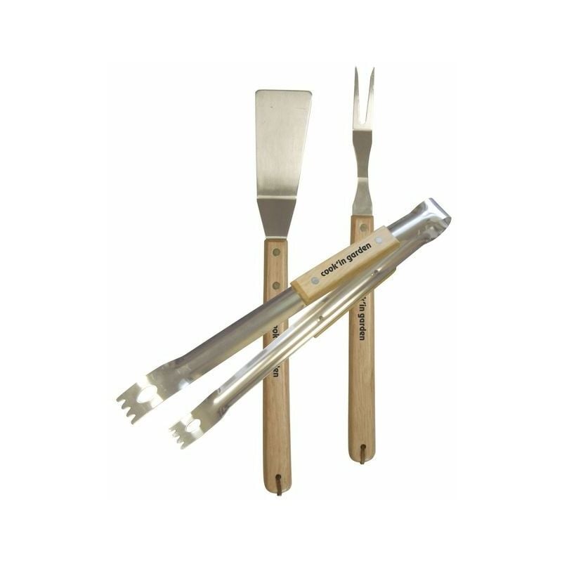 Cook'in Garden - Kit 3 accessoires barbecue : pince + fourchette + spatule inox et bois