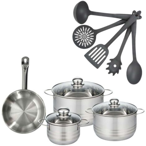 Set poêle 20 cm en inox, 3 faitouts inox 16, 20 et 24 cm et 5 ustensiles Fackelmann Eterna
