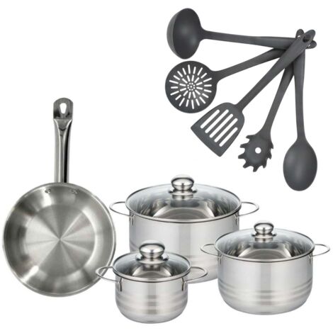 Set poêle 24 cm en inox, 3 faitouts inox 16, 20 et 24 cm et 5 ustensiles Fackelmann Eterna