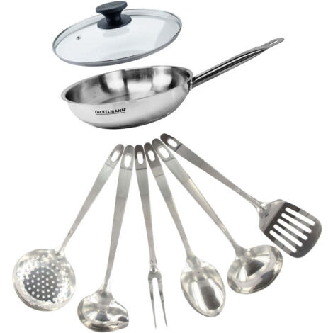 Set poêle 24 cm en inox, couvercle verre et 6 ustensiles inox Fackelmann Eterna