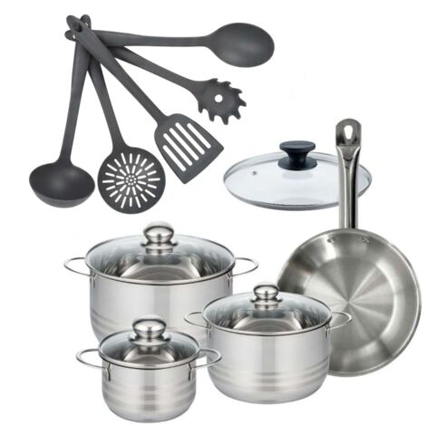 Set poêle 24 cm en inox et couvercle, 3 faitouts inox 16, 20 et 24 cm et 5 ustensiles Fackelmann Eterna