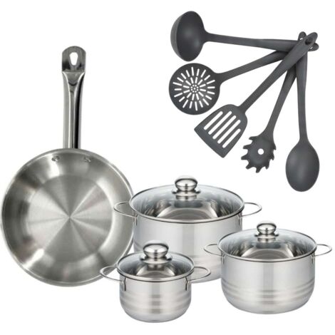 Set poêle 28 cm en inox, 3 faitouts inox 16, 20 et 24 cm et 5 ustensiles Fackelmann Eterna