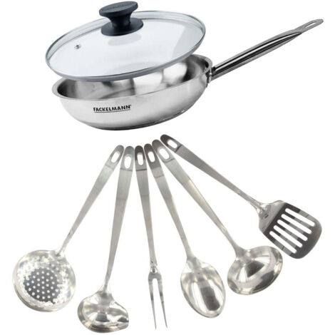 Set poêle 28 cm en inox, couvercle verre et 6 ustensiles inox Fackelmann Eterna