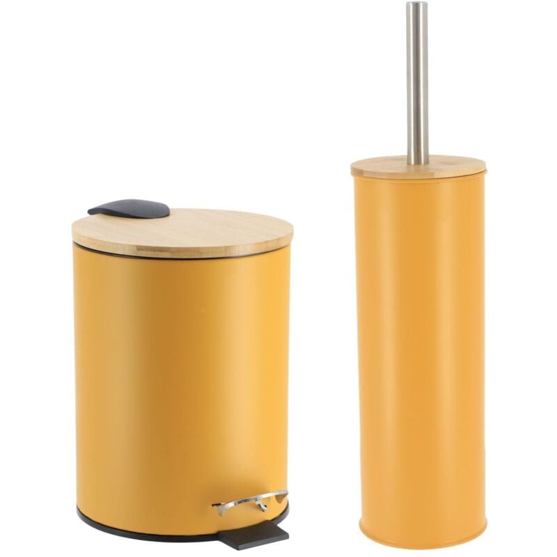 Set Poubelle à pédale 3L et Brosse WC en Métal Jaune moutarde et Bambou - TENDANCE