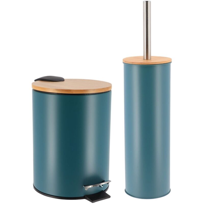 Set Poubelle à pédale 3L et Brosse wc en Métal Vert impérial et Bambou Tendance