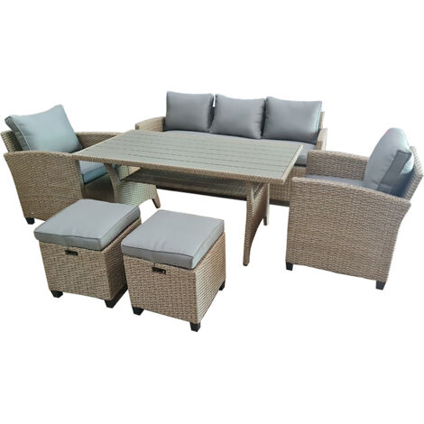 Set pranzo brandy, in acciaio e polyrattan, divano, 2 poltrone, 2 pouf , tavolo con top in polywood