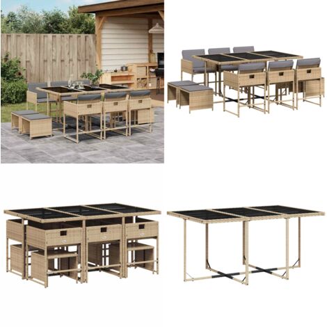 Set Pranzo da Giardino 11 pz con Cuscini Beige Misto Polyrattan - Sedie da giardino - Sgabelli da giardino