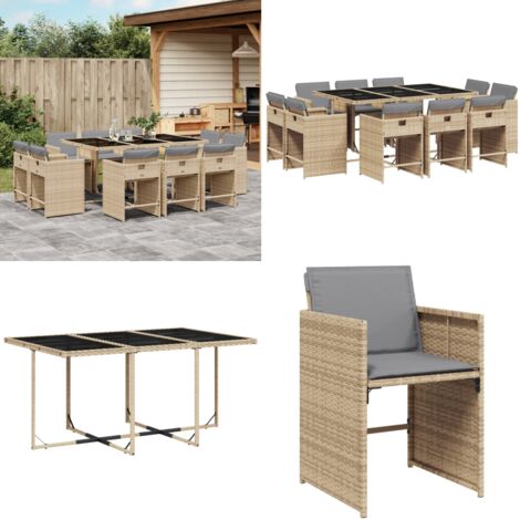 Set Pranzo da Giardino 11 pz con Cuscini Beige Misto Polyrattan - Sedie da giardino - Tavolo da giardino