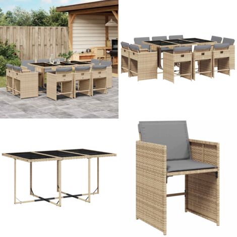 Set Pranzo da Giardino 11 pz con Cuscini Beige Misto Polyrattan - Sedie da giardino - Tavolo da giardino