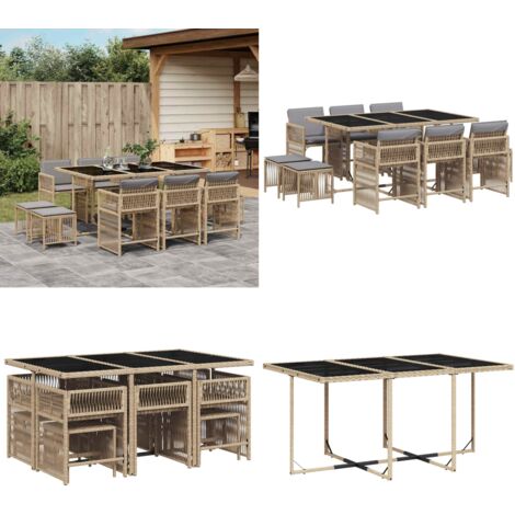 Set Pranzo da Giardino 11 pz con Cuscini Beige Misto Polyrattan - Sedie da giardino - Tavolo da giardino