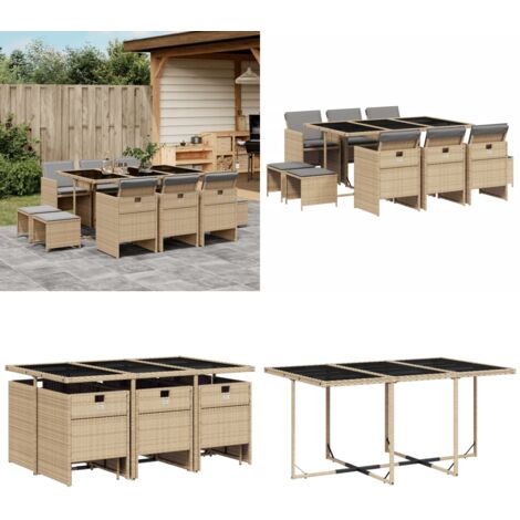 Set Pranzo da Giardino 11 pz con Cuscini Beige Misto Polyrattan - Sedie da giardino - Tavolo da giardino