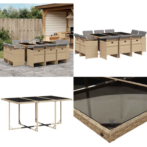 Set Pranzo da Giardino 11 pz con Cuscini Beige Misto Polyrattan - Sedie da giardino - Tavolo da giardino