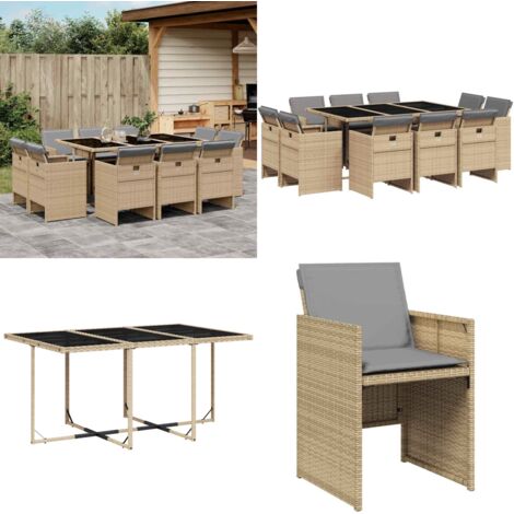 Set Pranzo da Giardino 11 pz con Cuscini Beige Misto Polyrattan - Sedie da giardino - Tavolo da giardino