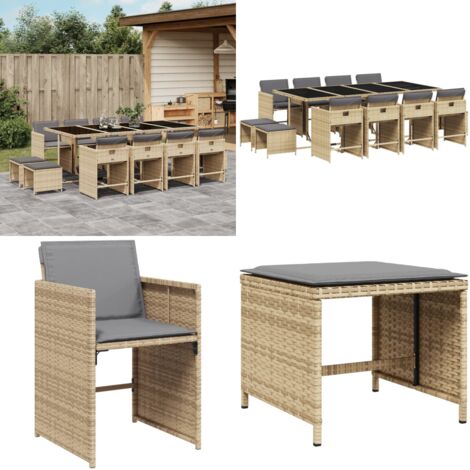 Set Pranzo da Giardino 13 pz con Cuscini Beige Misto Polyrattan - Sedie da giardino - Tavolo da giardino