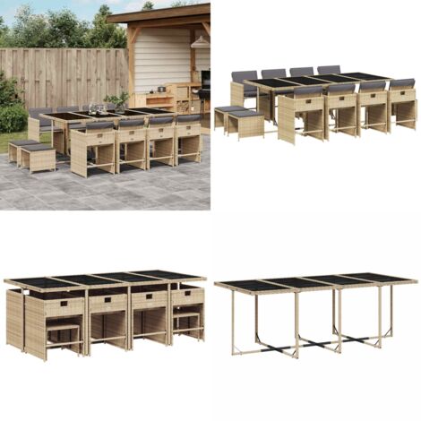 Set Pranzo da Giardino 13 pz con Cuscini Beige Misto Polyrattan - Sedie da giardino - Tavolo da giardino