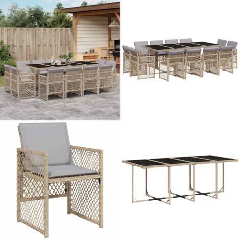 Set Pranzo da Giardino 13 pz con Cuscini Beige Misto Polyrattan - Sedie da giardino - Tavolo da giardino