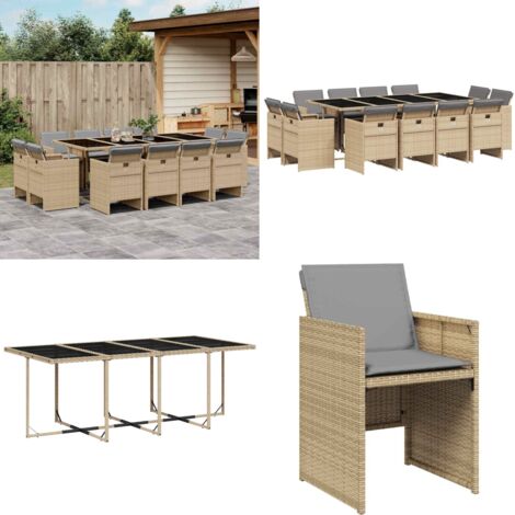 Set Pranzo da Giardino 13 pz con Cuscini Beige Misto Polyrattan - Sedie da giardino - Tavolo da giardino