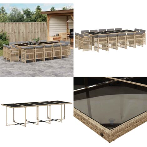 Set Pranzo da Giardino 15 pz con Cuscini Beige Misto Polyrattan - Sedie da giardino - Tavolo da giardino