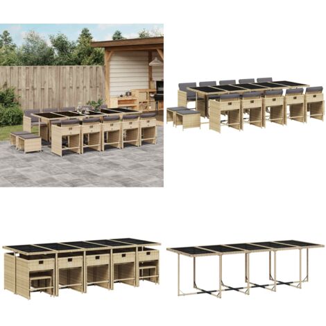 Set Pranzo da Giardino 15 pz con Cuscini Beige Misto Polyrattan - Sedie da giardino - Tavolo da giardino