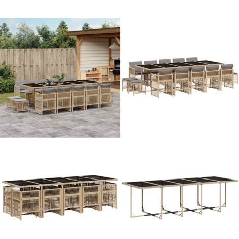 Set Pranzo da Giardino 15 pz con Cuscini Beige Misto Polyrattan - Sedie da giardino - Tavolo da giardino