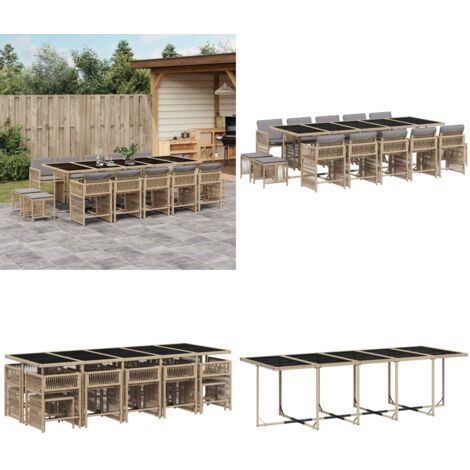 Set Pranzo da Giardino 15 pz con Cuscini Beige Misto Polyrattan - Sedie da giardino - Tavolo da giardino