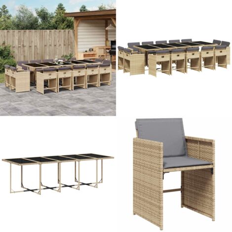 Set Pranzo da Giardino 15 pz con Cuscini Beige Misto Polyrattan - Sedie da giardino - Tavolo da giardino