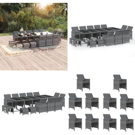Set Pranzo da Giardino 15 pz con Cuscini in Polyrattan Grigio - Sedie da giardino - Tavolo da giardino