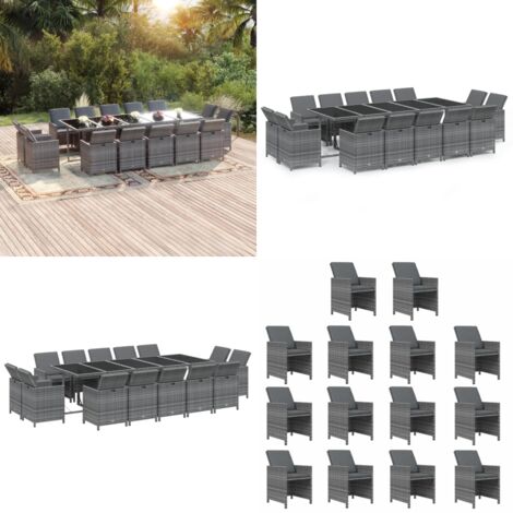 Set Pranzo da Giardino 15 pz con Cuscini in Polyrattan Grigio - Sedie da giardino - Tavolo da giardino