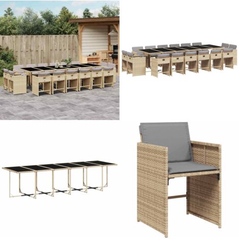 Set Pranzo da Giardino 17 pz con Cuscini Beige Misto Polyrattan - Sedie da giardino - Tavolo da giardino
