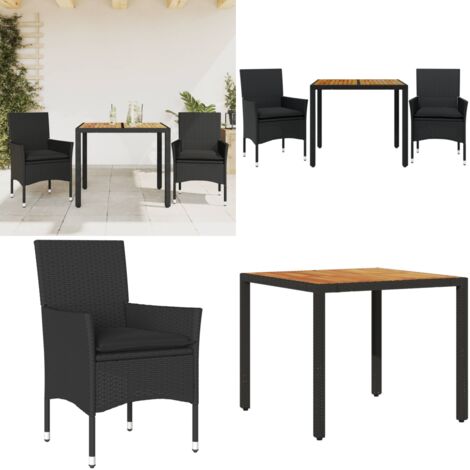 Set Pranzo da Giardino 3 pz con Cuscini Nero Polyrattan Acacia - Tavolo da giardino - Sedie da giardino