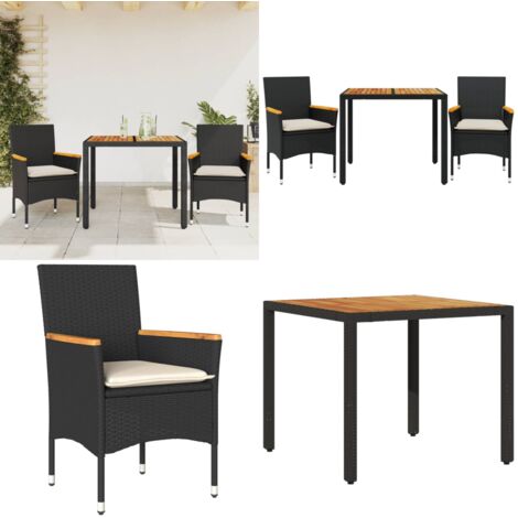 Set Pranzo da Giardino 3 pz con Cuscini Nero Polyrattan Acacia - Tavolo da giardino - Sedie da giardino