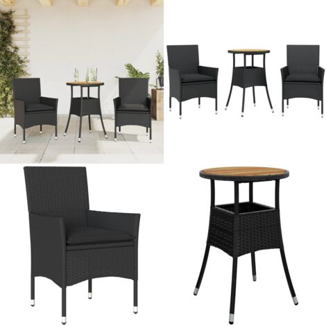 Set Pranzo da Giardino 3 pz con Cuscini Nero Polyrattan Acacia - Tavolo da giardino - Sedie da giardino