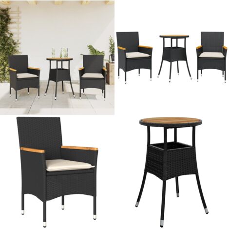 Set Pranzo da Giardino 3 pz con Cuscini Nero Polyrattan Acacia - Tavolo da giardino - Sedie da giardino