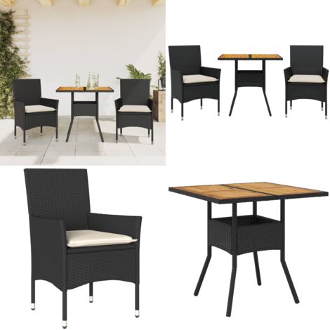 Set Pranzo da Giardino 3 pz con Cuscini Nero Polyrattan Acacia - Tavolo da giardino - Sedie da giardino