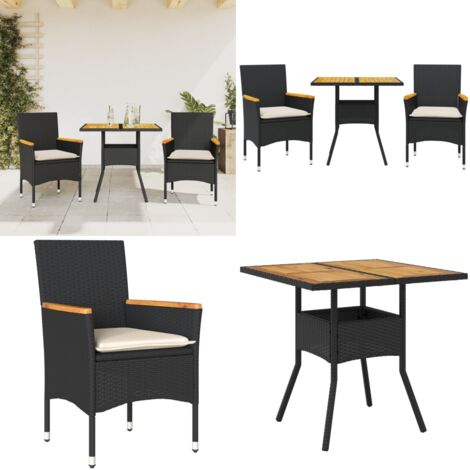 Set Pranzo da Giardino 3 pz con Cuscini Nero Polyrattan Acacia - Tavolo da giardino - Sedie da giardino