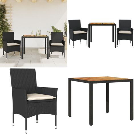 Set Pranzo da Giardino 3 pz con Cuscini Nero Polyrattan Acacia - Tavolo da giardino - Sedie da giardino