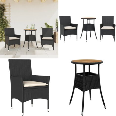Set Pranzo da Giardino 3 pz con Cuscini Nero Polyrattan Acacia - Tavolo da giardino - Sedie da giardino