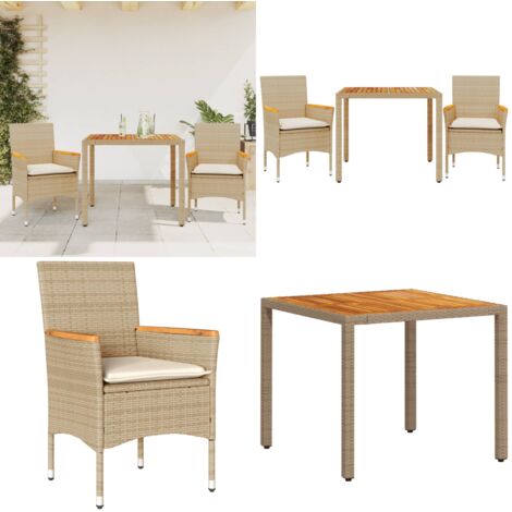 Set Pranzo da Giardino 3pz con Cuscini Beige Polyrattan Acacia - Tavolo da giardino - Sedie da giardino
